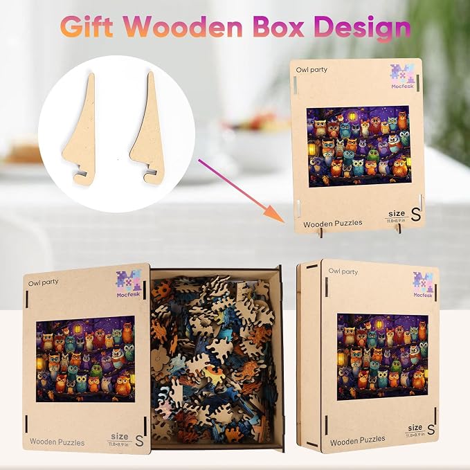 Mocfesk Wooden Puzzles for Adults, Owl Family Puzzles for Grandkids 200 Pieces, Unique Shaped Jigsaw Puzzles for Adults and Kids, Fun Family Game Home Decor 11.8'' x 8.9''