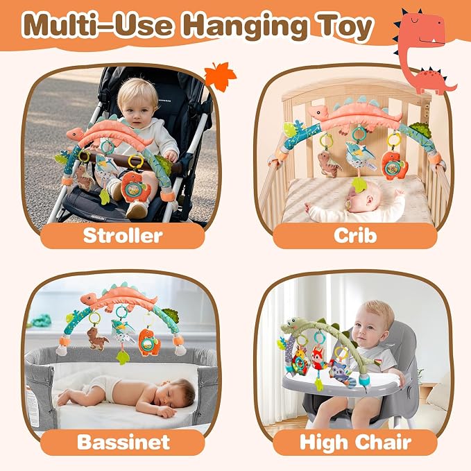 Jollybaby Bassinet Stroller Crib Mobile Toy for Baby 0-6-12 Months, Infant Clip On Arch Hanging Toy, Montessori Sensory Nursery Mobiles Toy for Newborn Gift - Dinosaur