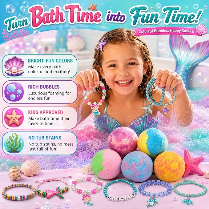 Bath Bombs for Kids with Surprise Inside, Mermaid Bath Bombs for Girls with Jewelry & Jewelry Box for Kids Organic, Skin Moisturizing, Natural Bubble, Birthday Gifts for Boys, Girls