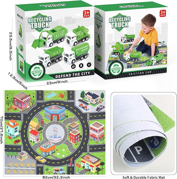 Garbage Truck Toys for Boys, 4 pcs 6" Friction Powered Trash Truck with Kids Playmat Car Rug, 8 pcs Roadblock Signpost, 4 Trash Bins with 108 pcs Trash Cards, Toy Gift for 3+ Years Old Kid