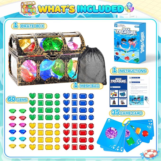DISHIO Diving Toys for Kids, Seek Treasure Underwater Pool Gem Hunt Pool Game with 60PCS Sinking Gems, Pirate Treasure Chest, 35PCS Game Cards, Summer Swimming Pool Toys for Toddlers Kids Age 3-10