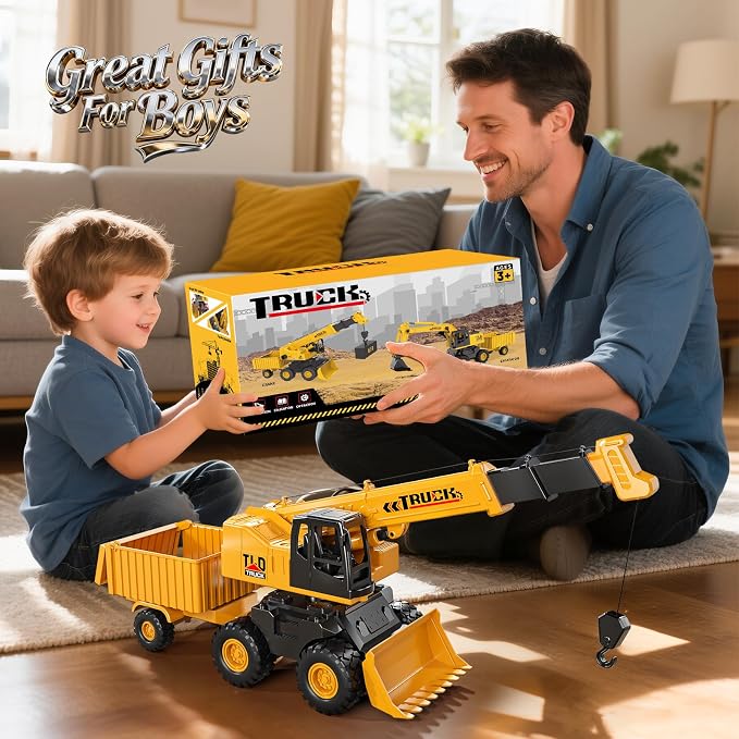 KukuFun 3-in-1 Truck Toys for Boys 3-5 Year Old, Construction Sandbox Toy with Dump Crane Bulldozer,Indoor/Outdoor Sand Toys for Kids Toddlers Girls Age 3-8,Birthday Gifts