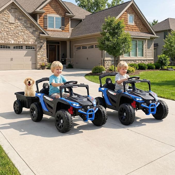 Costzon Kids Ride On UTV Car with Detachable Trailer, 12V Battery Powered Electric Vehicle with Remote Control, 3 Speeds, LED Lights, Music, Horn, Off-Road UTV for Boys & Girls (with Trailer,Blue)