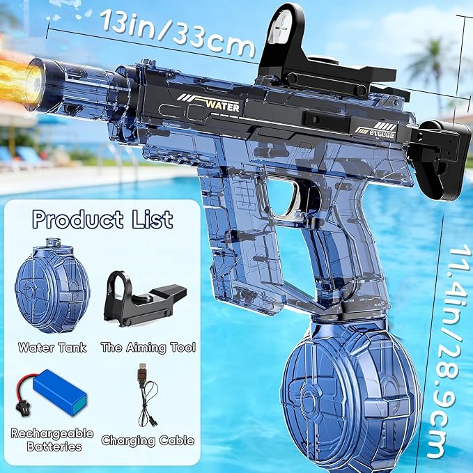 Electric Water Gun for Kids Adult, Automatic Squirt Pistol Guns with Large Capacity & 26-32FT Range, Rechargeable Watergun Toys for Pool, Beach, Backyard Summer Water Blaster Games, Blue