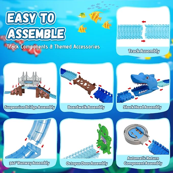 VATOS Shark Track Toys - 219 Pcs Flexible Race Track Set with 360° Loops, Electric Shark Car & Auto-Rotating, Create a Shark Theme Road Race, STEM Toy Birthday for Boys Girls Ages 3-8