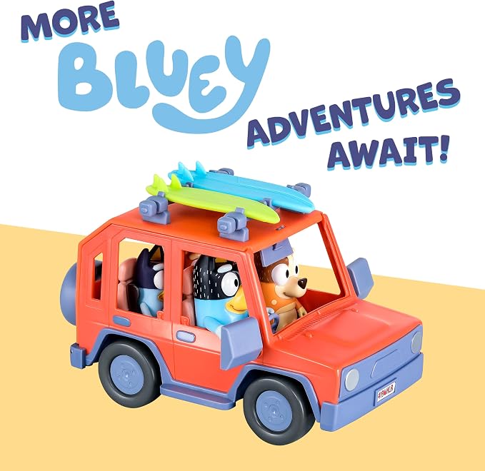 Bluey Heeler 4WD Family Toddler Toy Car with 4 Figures, Surfboards and Sticker Sheet, Pretend Play, Bluey Toys for Kids Ages 3+, Amazon Exclusive