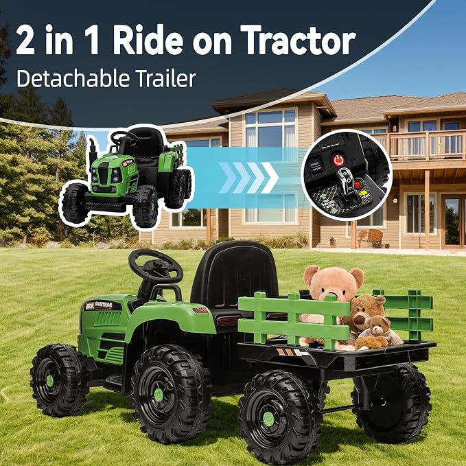 24V Ride on Tractor with Trailer, 400W Electric Car for Kids, Toddler Ride On Toy W/Remote Control, 3 Speed Adjustable, MP3, Bluetooth, LED Light, Blue