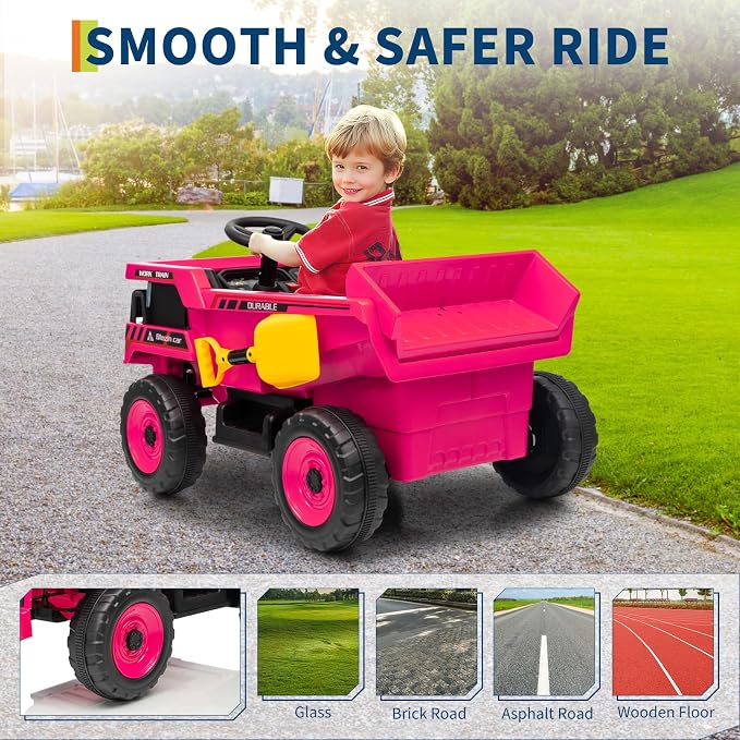 Garvee 12V Ride On Dump Truck for Kids, Ride On Car with Remote Control, Construction Vehicles with Dump Bed & Shovel, Ride-On Toys 16.5 in Spacious Seat, Music, Headlights, Soft Start, Pink
