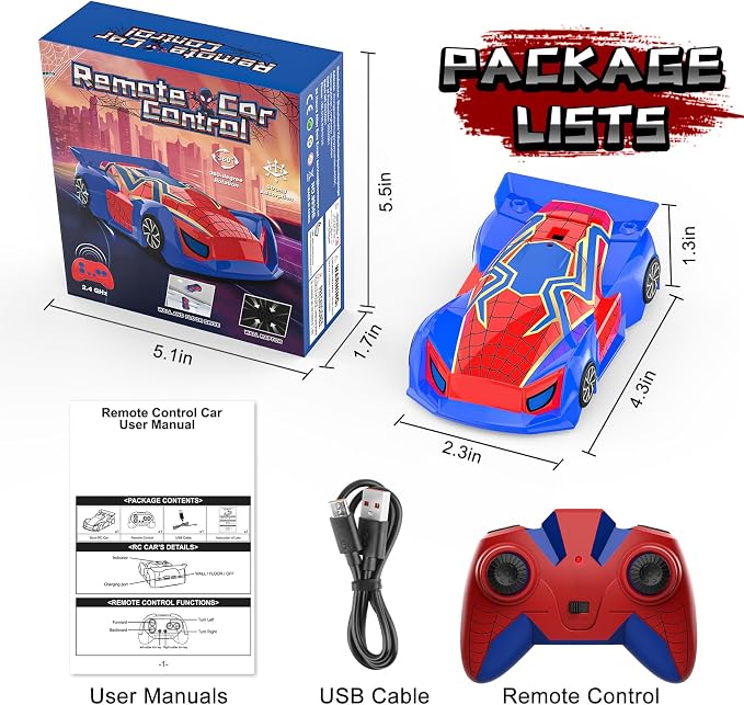 Wall Climbing Remote Control Car Mini, Spider 360° Rotating RC Stunt Car, Rechargeable RC Cars Toys for 3 4 5 6 7 8 9 10 11 12 Year Old Boys Girls Kids