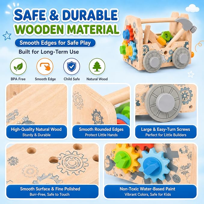 Kids Tool Set Toy, Wooden Building Tools Set with Hammer, Saw, Screwdriver, Gears, Montessori STEM Educational Construction Toy, Pretend Play Repair Tools for 3+ Year Old Boys & Girls, Birthday Gift