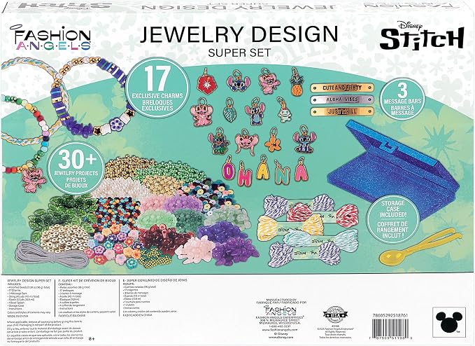 Fashion Angels Disney Stitch Coastal Treasures Jewelry Design Super Set, Includes Shell-Shaped Tray, Enamel Charms & More, DIY Creative Making Kit for Kids