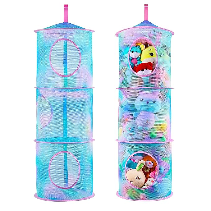 Basumee Stuffed Animals Net or Hammock 2 Pcs Stuffed Animals Storage Toy Net Hammock for Plushies Storage Organizer Mesh Kids Girls Room Decor, Blue Teal, 3 Tiers
