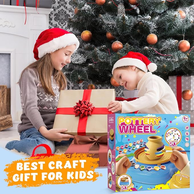 Pottery Wheel for Kids with Complete Clay Kit,Beginner Pottery Painting Set with Air Dry Clay,12 Paints,Sculpting Tools,Apron and Guide,Arts and Crafts Christmas Birthday Gift for Girls Boys Ages 6-12