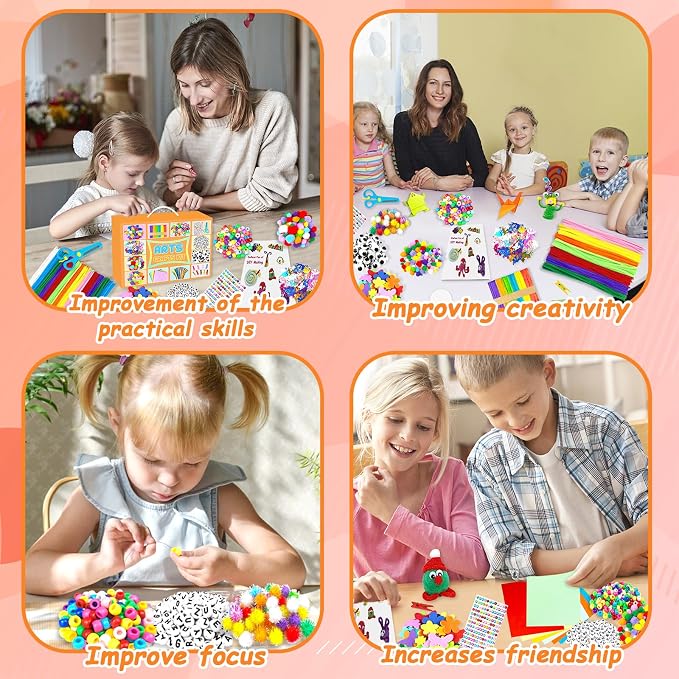 BNUZEIYI 2000 PCS Arts and Crafts Supplies for Kids All-in-1 Craft Kit with Pipe Cleaners Craft Box Set DIY Crafting Supply School Supplies Toys Gifts for Girls Boys Ages 4-6, 6-8, 8-12, Orange