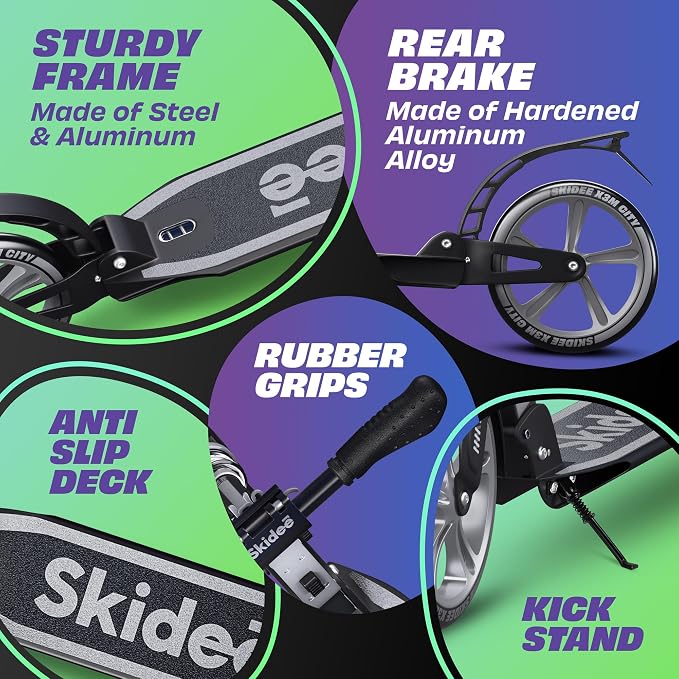Skidee Adult & Teen Scooter Adjustable Height, Folding, Large Wheels, Lightweight, Durable, Anti-Shock Suspension, Up to 220 lbs