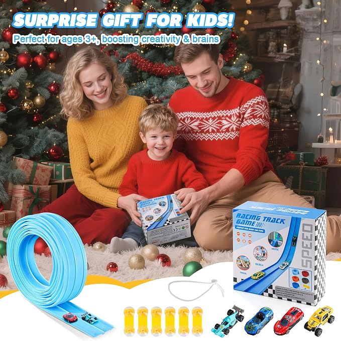 Flexible Race Track for Kids - 15 Ft Flex Track Race Car Tracks with Car Ramp Toy, Fit for Monster Truck Track & Kids' Play Cars, Race Tracks for Toddlers 3+, Gifts for Boys Girls (Light Blue)