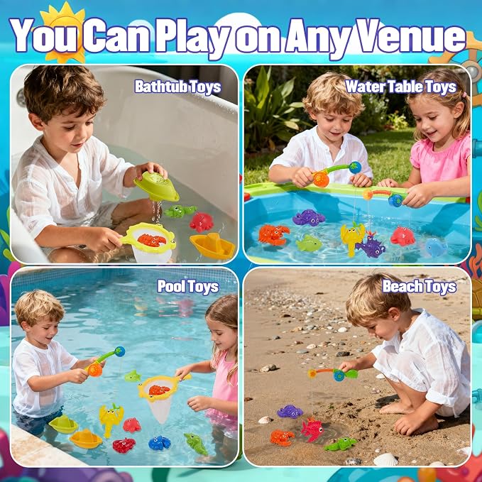 Toddler Bath Toys for Kids 1-3 3-5, Mold Free Bath Toys Toddlers 2-4, Pool Water Table Toys | Safe Fishing Toys Game Set, Pole Rod Net Tub Toys, Outdoor Water Toys, Birthday Gifts for Ages 1 2 3 4 5 8
