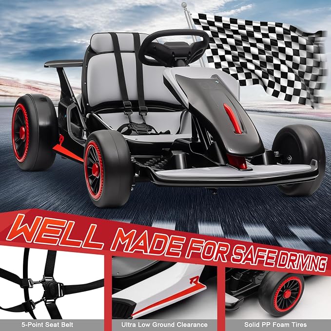 24V Electric Go Kart, Kids Drift Kart with Dual Motors, 8 MPH Max, 110LBS Max Load, Outdoor Ride on Toy Crazy Kart w/Bluetooth Music&Light