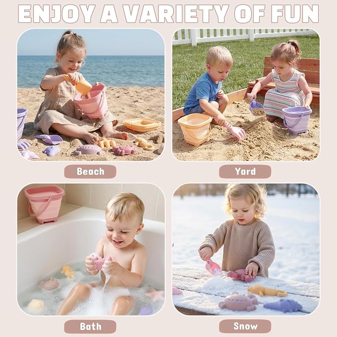 3 Pack Beach Toys Set for Kids Toddlers Girls, Collapsible Sand Buckets with Beach Molds and Mesh Bag, Sandbox Travel Toys Beach Vacation Essentials, Camping Gear, Fishing (Purple/Pink/Yellow)