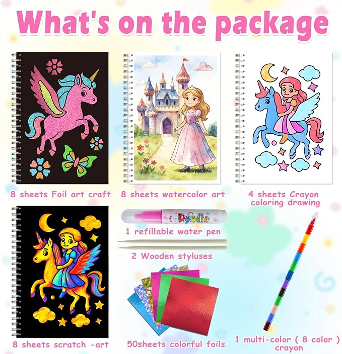 4-in-1 Princess Unicorn Craft Kit for Girls Ages 4-8, Foil Art, Scratch Art, Watercolor Painting & Coloring Activities, Creative DIY Arts and Crafts Set, Travel Activity for Home and Road Trips