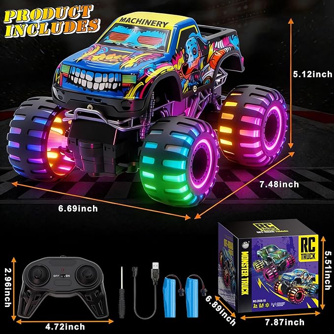 Remote Control Monster Truck Toys for Kids, 1:20 Scale 2.4GHz RC Car with Lights, All Terrain Rechargeable RC Truck with 2 Rechargeable Batteries, Toy Gift Birthday Christmas for Boys Girls Toddlers