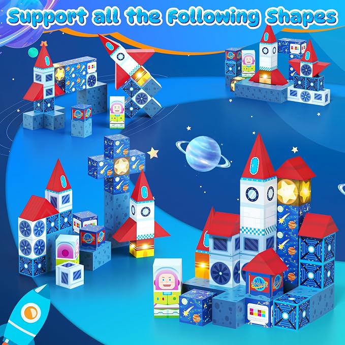 36 PCS Mini Magnetic Tiles Travel Set with Portable Iron Storage Box, STEM Learning Magnetic Building Blocks with LED Light-Up Glow in The Dark, Montessori Sensory Toys Gifts for Toddler, Boys & Girls