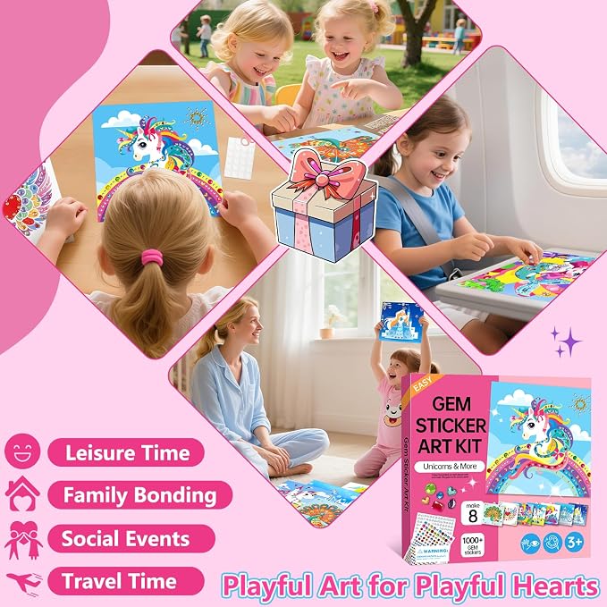 Marlrin Unicorn & Princess Diamond Art Kit for Kids Ages 3-8,Easy Arts and Crafts with 1000+ Gem Stickers,Gem Art Christmas Birthday Easter Gift for Girls 4-7