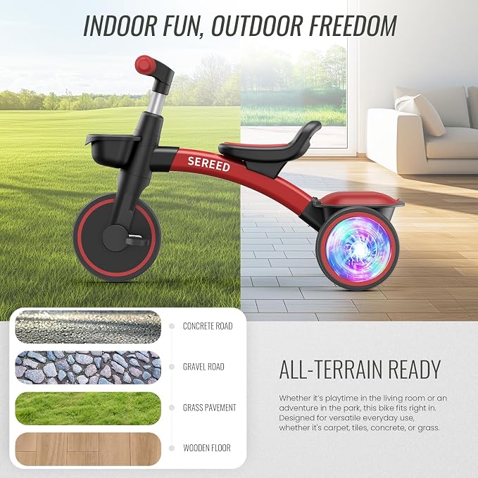 SEREED Colorful Lighting Toddler Tricycle for 2-5 Years Old Boys Girls, Adjustable Seat&Handlebar Trike, Removable Basket, Birthday Gift Idea for Kids Ages 2+ (Red Black)