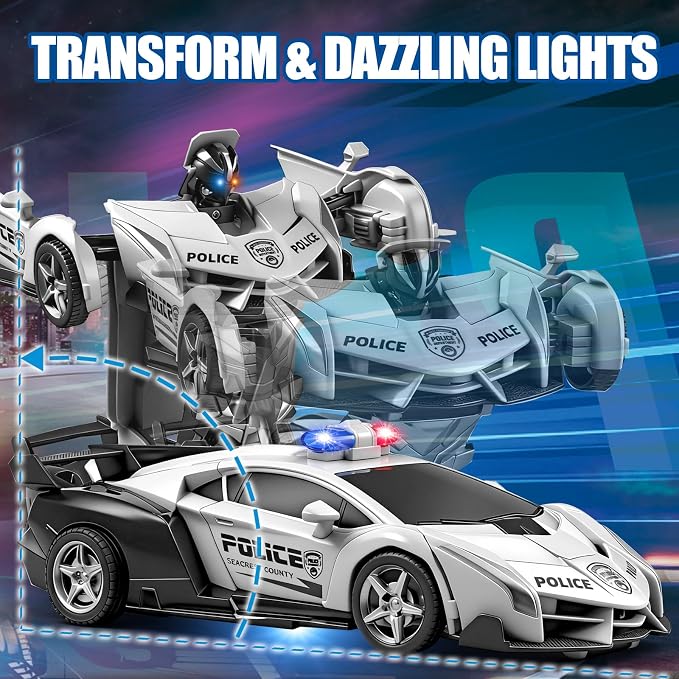 2.4G Remote Control Transformer Car, Rechargeable RC Police Car Toy with Flashing Lights, Convertible Robot & Vehicle, Gift for Kids,Police Transformer Cars for Boys 4 5 6 7 8 9 10 11 12 (Black/White)