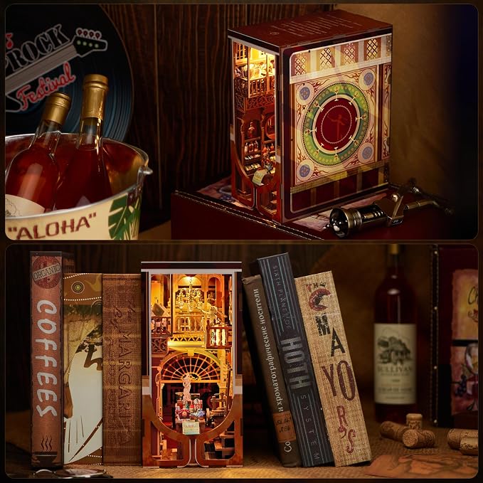 CCCDF DIY Book Nook Kit, DIY Miniature Dollhouse Booknook Kit, 3D Wooden Puzzle Bookend Bookshelf Insert with LED Light for Teens and Adults (Roaring Twenties Speakeasy)