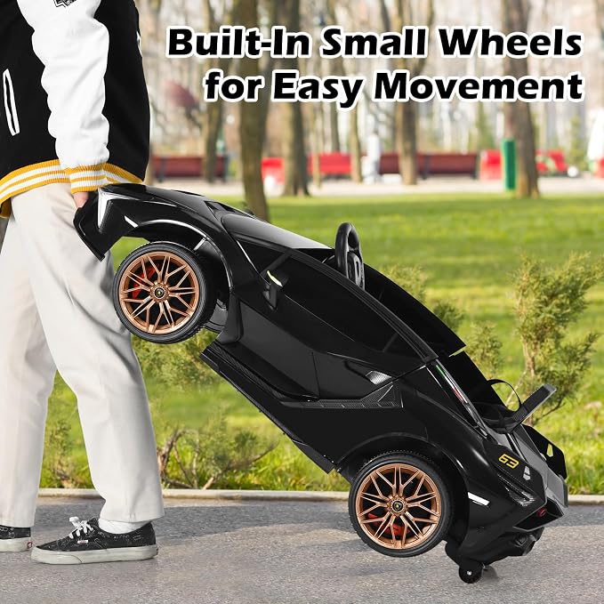 INFANS 12V Licensed Lamborghini Sian Kids Ride On Car with Parent Remote Control, Spring Suspension, MP3 Player, Electric Toy Roadster Carbon Fiber Textured for Toddler (Black Golden)