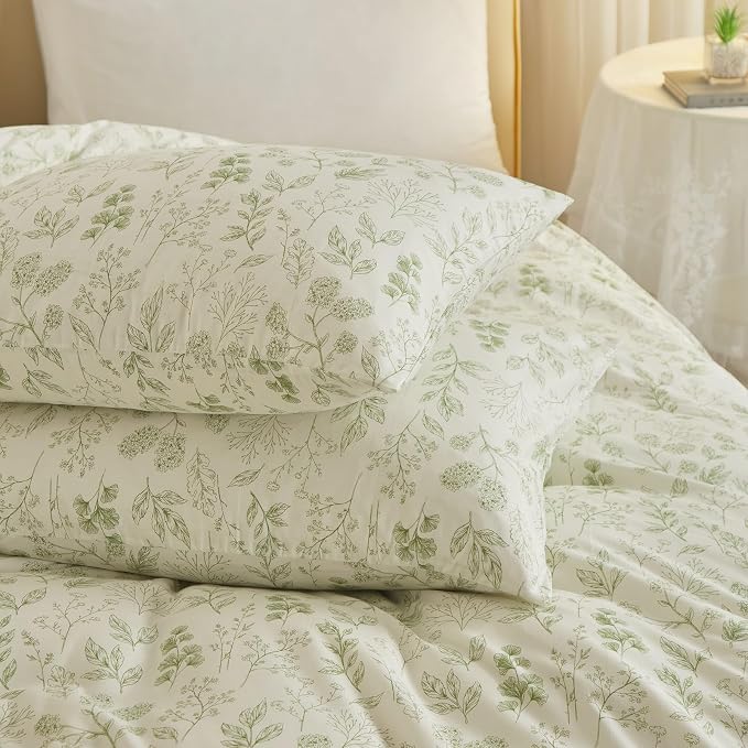 Garden Style Green Floral Comforter Set King Fluffy Soft Microfiber Boho Floral Bedding Comforter King Vintage Flower Leaves Botanical Comforter for All Seasons Cottagecore Bedding Comforter Set
