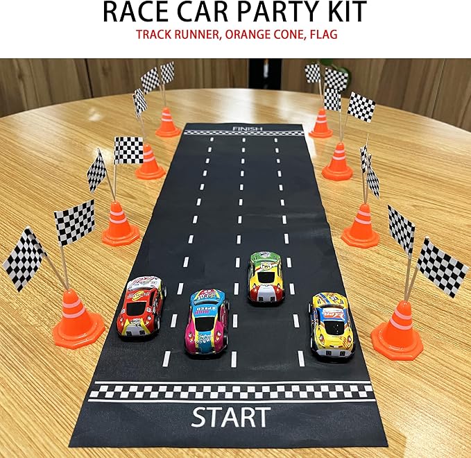 41PCS Mini Race Car Table Game Set Mini Race Cars Traffic Cones Checkered Flags Racetrack Tablecloth for Doll House Decor Birthday Party Supplies