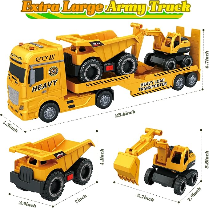 3-in-1 Construction Truck Toy for Ages 3-6 – 25.6 Inch Extra-Large Semi-Truck with Lights & Sounds, Detachable Excavator and Light & Sound Dump Truck, Inertia Vehicle Set
