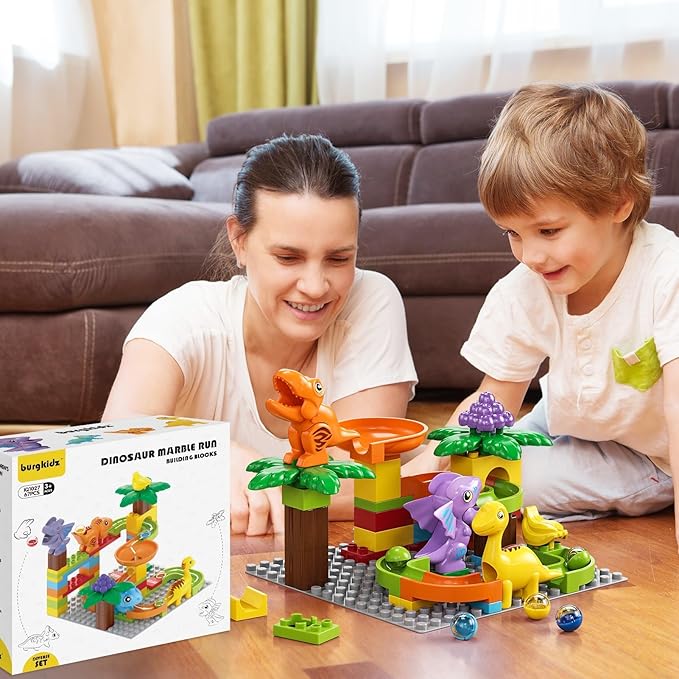 Kids Marble Run Building Block Dinosaur, Montessori Learning Resources STEM Toy Bricks Maze Puzzle Set Race Track Compatible with Major Brands for Age 3 4 5 6 7 8+ Boys Girls Birthdays