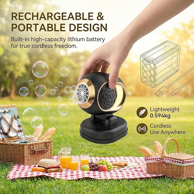 KYWYOYOU Rotating Bubble Machine with Lights, Rechargeable Automatic Maker | Adjustable angle blower for kids, parties, outdoor weddings, and birthdays. Includes 10 concentrated liquid solution refills.