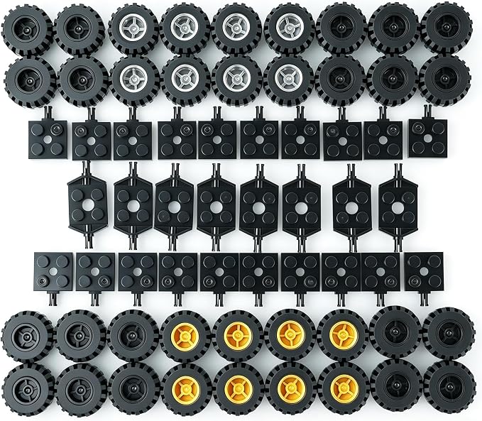 Pamvava Wheels and Axles Building Sets, 100 Pieces Vehicle Truck Tires Car Parts Accessories,Compatible with Major Brands Bulk Bricks, Construction Toys (Gold & Silver Hubs)