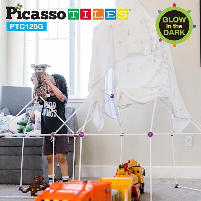 PicassoTiles Glow-in-The-Dark Indoor Outdoor Tunnel Tent Kids Fort Building Kit Playhouse for Boys & Girls Ages 3+ STEM Construction Toy Creative, Imaginative Play, and Problem Solving Skills PTC125G