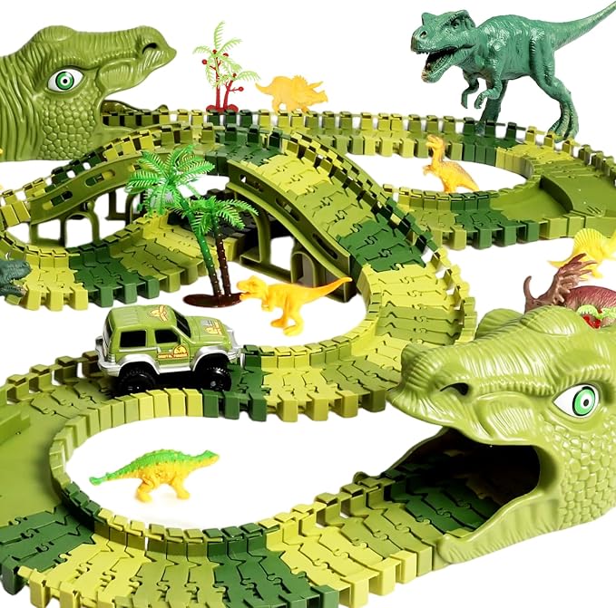 Dinosaur Track Toys, 266 PCS Dinosaur Toys for Kids 3-5 Create A Dinosaur World Road Race Tracks, 2 Dinosaur Cars Flexible Train Track Set, Birthday Gifts 3 4 5 6 7 Year Old Boys Girls