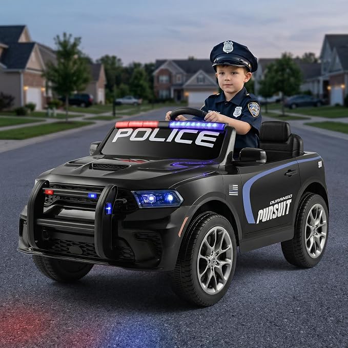 12V Kids Ride On Police Car, Licensed Dodge Durango Electric Ride On SUV with Remote Control,Dual 390 Motors, LED Lights, Music, Bluetooth, Siren, Megaphone Battery Powered Ride On Toy for Kids, Black