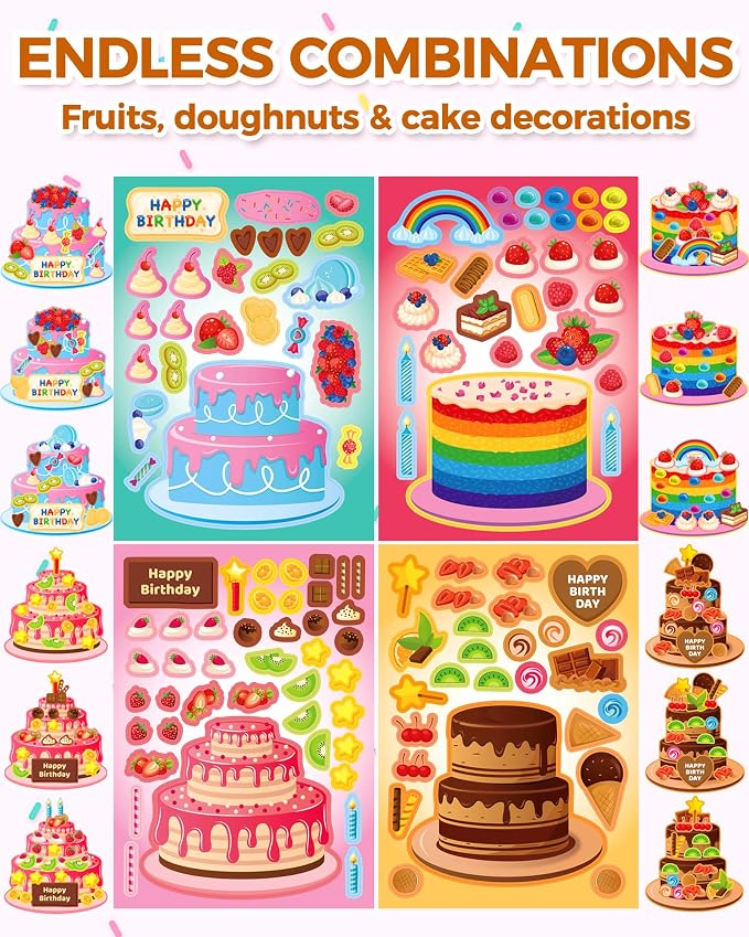 Aowplc 32 Sheets Cake Stickers for Kids – Make Your Own Birthday Cakes Stickers, Toddler Party Favors & Goodie Bag Stuffers