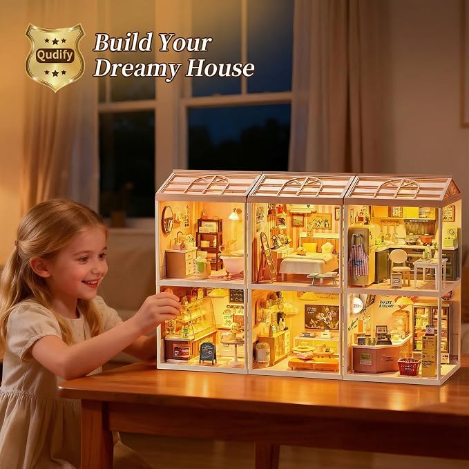 Miniature DIY House Kit Convenience Store – 92Pcs 1:24 Scale Dollhouse Mini-Mart Corner Store Shop with LED Light, Realistic Snacks & Connectable Base for Kids 8+ and Hobbyists