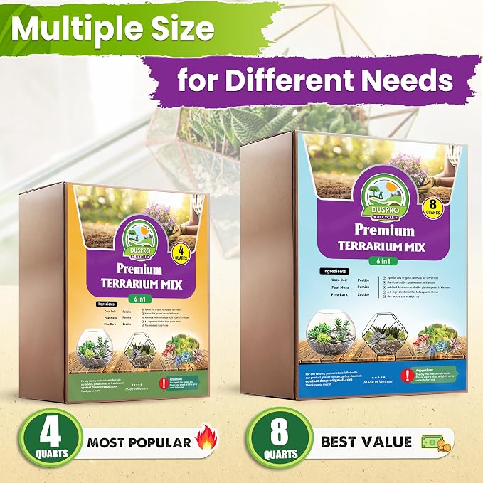 DUSPRO Premium 6in1 Terrarium Soil Mix ā Pre-Mixed Terrarium Substrate Mix for Terrariums, Balanced Moisture Growing Medium with Coco Coir, Peat Moss, Pine Bark, Perlite, Pumice & Zeolite 8QRT