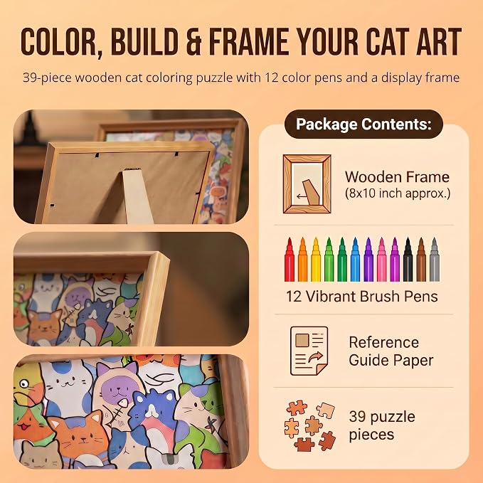 Wooden Rabbit Coloring Puzzle, 39-Piece DIY Kitties Jigsaw Craft with Frame and 12 Color Pens, Paintable Wood Board for Adults, Kids, Cat Lovers, Family Activity, Home Decor (Bunny)