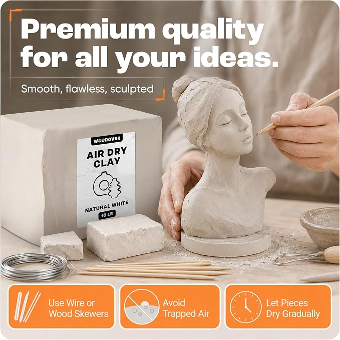 WOODOVER Premium Air Dry Clay White, 10 lb – Natural Modeling Clay for Sculpting, Pottery & DIY Crafts – Self-Hardening for Artists, Adults and Kids