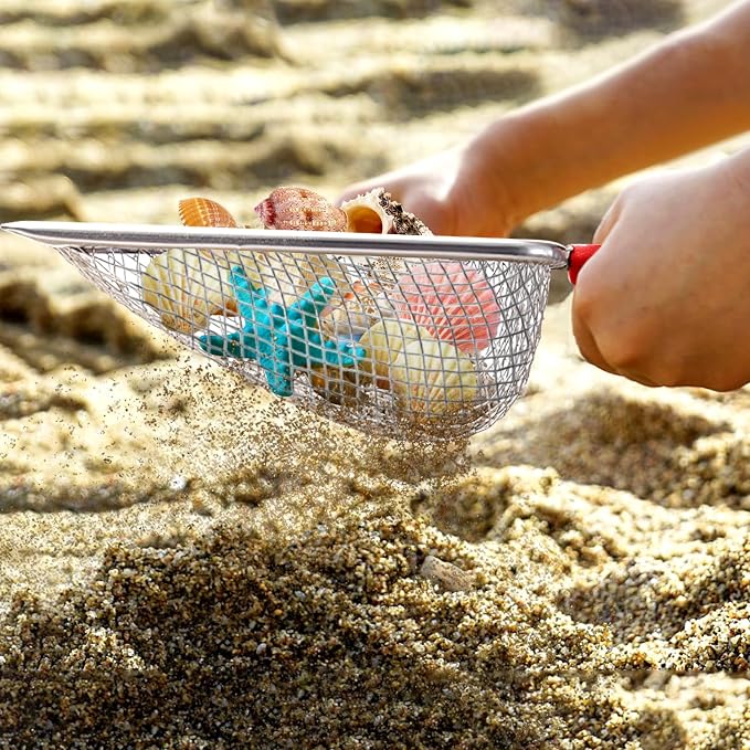 Beach Mesh Shovel,Sand Sifter Tool for Shell Collecting with Durable Mesh Net - Kids Sand Scoop for Picking Up Shells - Beach Toys (Red)