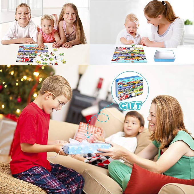 LELEMON 60 Pieces Puzzles for Kids Ages 4-8 Traffic Jam Puzzle for Boys Girls Transportation Vehicles Children Learning Educational Puzzles Portable Box Pack Toys