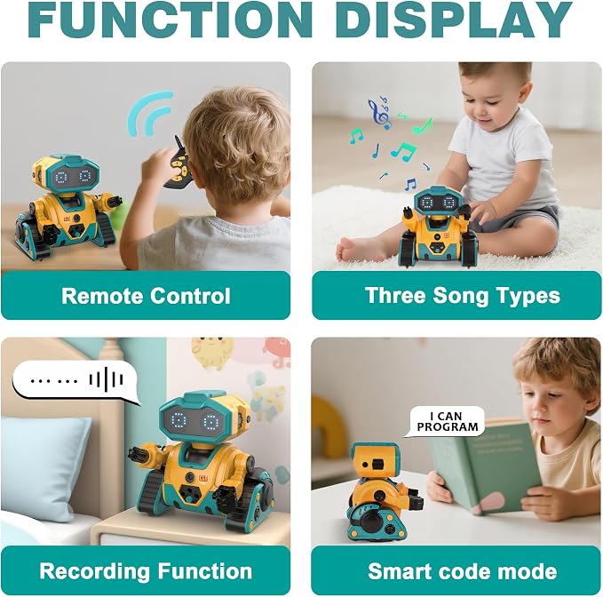 BYTEWAR Interactive Smart Robot Toys, Rechargeable Remote Control Emo Robot with Learning Gesture Sensing, Auto-Demonstration, Music and Dance, Shining LED Eyes, Birthday Gift for Kids (Yellow)
