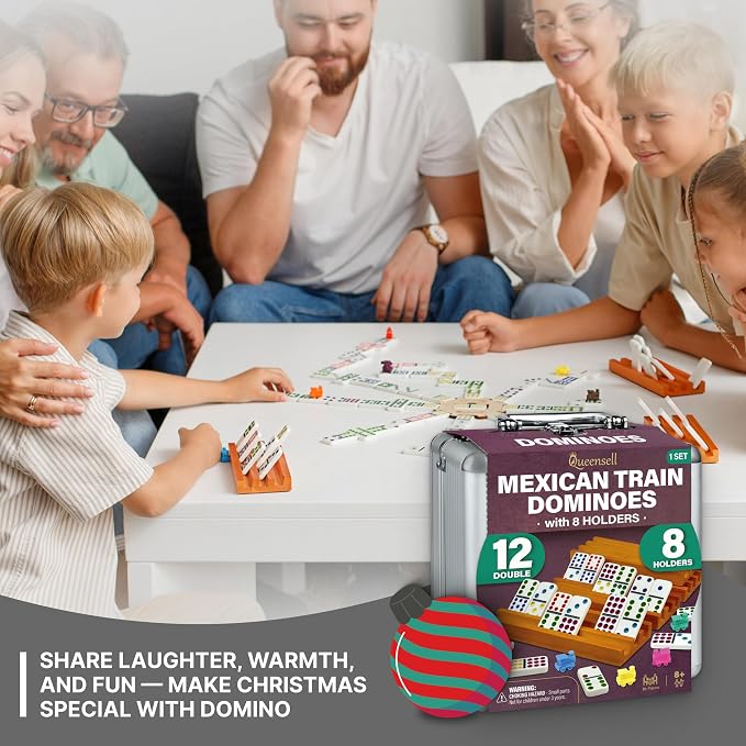 Queensell Mexican Train Dominoes Set with 8 Holders - Wooden Hub and Tiles Holders - Double 12 Tiles with Dots (D12 + 8 Holders)