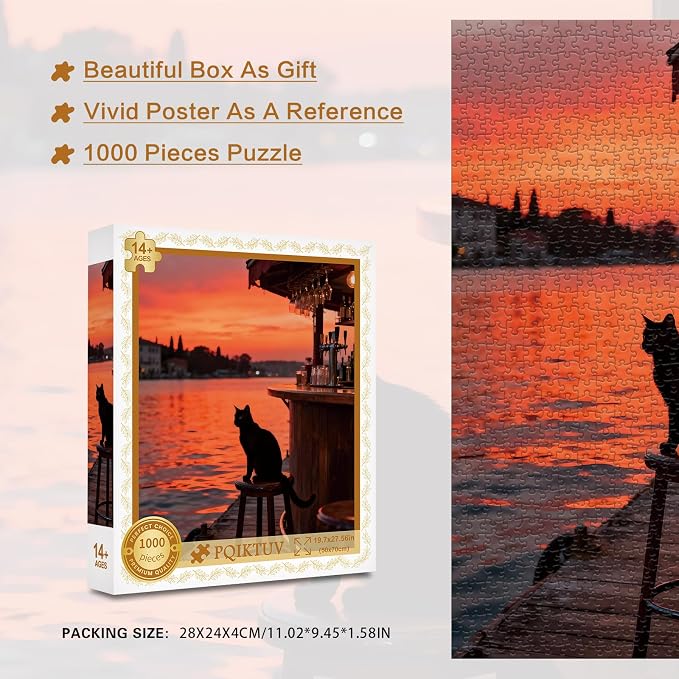 Romantic Puzzles 1000 Pieces Puzzles for Adults, Cat and Sunset | Landscape Puzzle with Letters on Back, Jigsaw Puzzles Family Decor, Fun Gift Challenging Puzzle for Friends (27.56x19.7 Inch)
